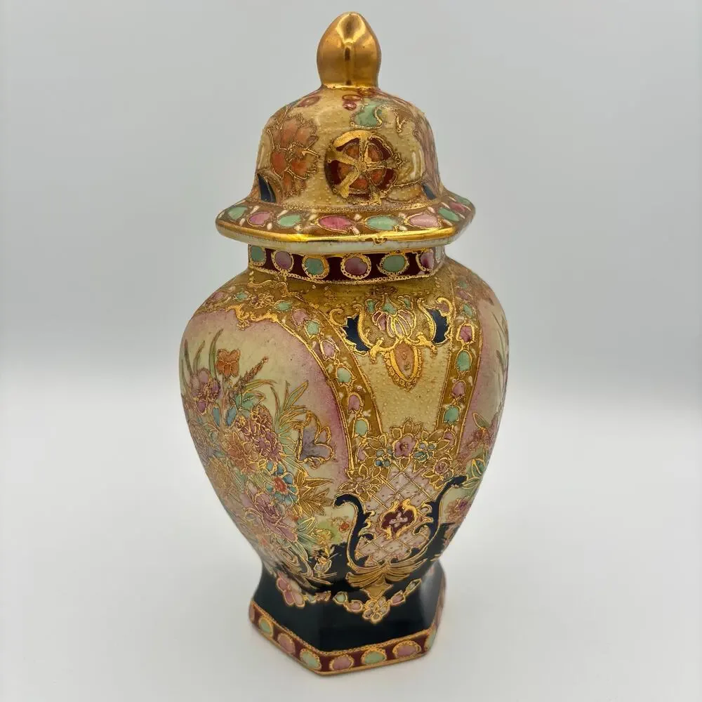 Vintage Satsuma Style Hexagonal Ginger Jar Lid Temple Urn Moriage Gold Floral